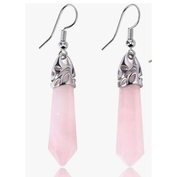 New~Genuine Rose Quartz Gemstone Chakra Healing French Wire Dangle Earrings - Picture 2 of 2